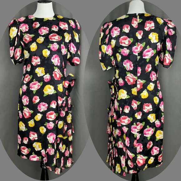 Vintage Raul Blanco Floral Silk Formal Retro Shift Bow Dress Sz 8 - Picture 15 of 16